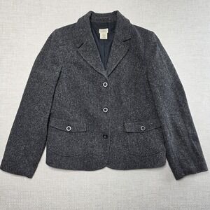 LL Bean Blazer Womens L Regular Gray Wool Blend Herringbone Tweed Jacket Classic